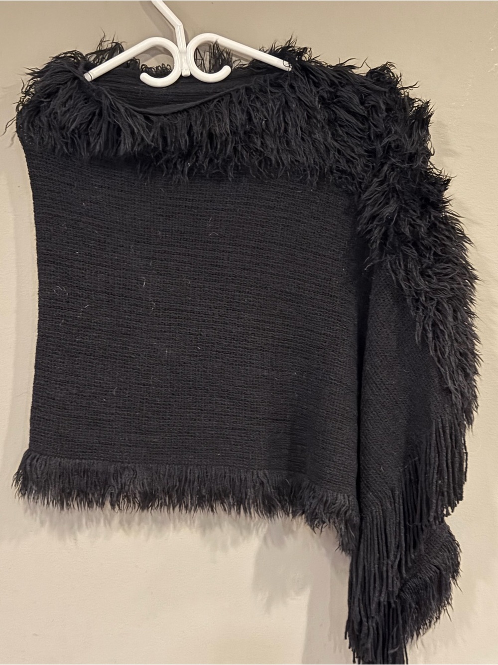 Black Fringe Knit Women’s Sweater Poncho - Picture 2 of 5